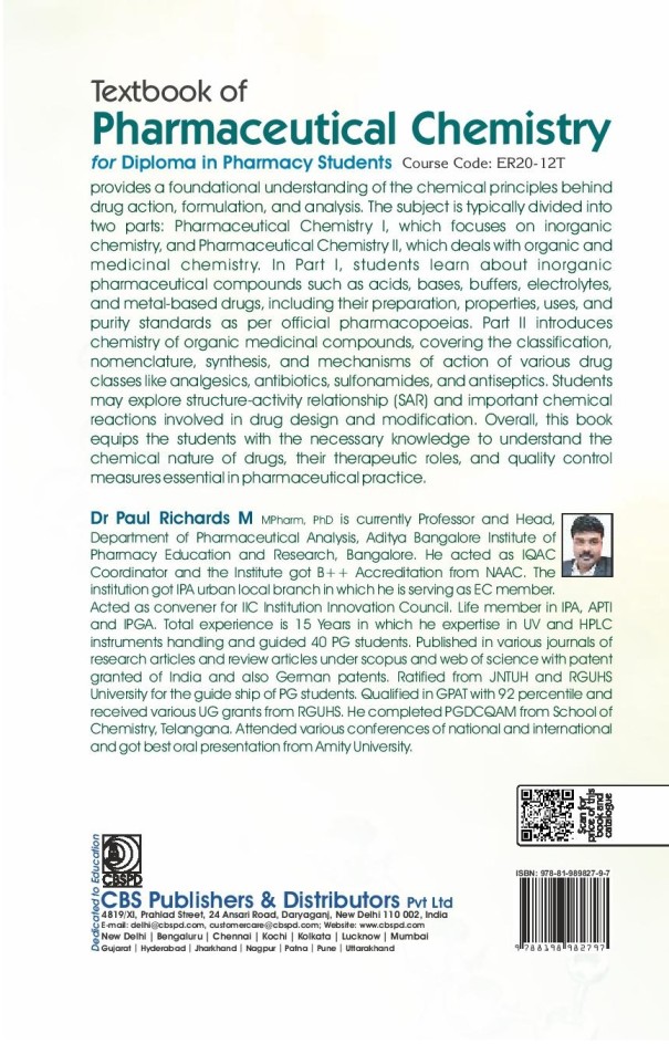 Textbook of pharmaceutical chemistry for diploma in pharmacy students course code er20-12t